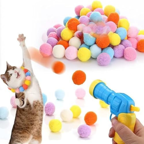 FAINCA Katzenspielzeug 100 Bälle, Interaktives KatzenspielzeugKatzen Ball Launcher Plush BallKatzenball WerferKatzenspielzeug Ball, Filzbälle Katzen Spielzeug Set, Geeignet als Spielzeug für Katzen