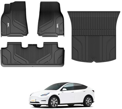 3W für Tesla Model Y 2020-2024 Fußmatten und Kofferraumwanne, TPE Allwettermatten Fussmatte 1-2 Reihen und Kofferraummatten Set Tesla Autofußmatten Zubehör, Schwarz Antirutschmatten