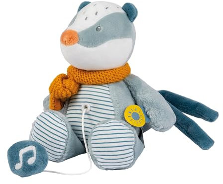 Nattou Mini Aktiv-Kuscheltier aus Polyester, Mit Musik, Dachs Felix, Ca. 23 cm, Felix und Leo, Hellblau