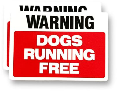 2 PACK - Small 10cm WARNING DOGS RUNNING FREE Self Adhesive Stickers - Sign, Notice, Decal, Warning, Security, CCTV