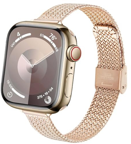 DEALELE Bracelets compatibles avec Apple Watch 49 mm, 46 mm, 45 mm, 44 mm, 42 mm, bracelet de rechange fin en maille d'acier inoxydable pour iWatch 10/9/8/7/6/5/4/3/SE/Ultra, or rose