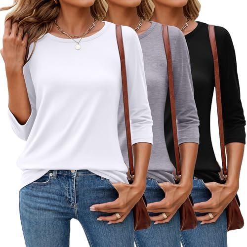 Ficerd 3 Pack 3/4 Sleeve Tops for Women Round Neck Dressy Basics Tees Casual Trendy Loose Fit T Shirts(Black, White, Light Gray,Medium)