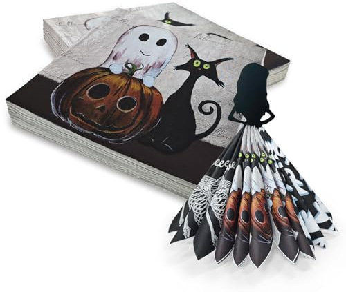 36 Stück Halloween Servietten 3-Lagig Servietten Halloween Tischdeko Kürbis Geist Kätzchen Papierservietten 33 x 33 cm Halloween Paper Napkins Party Deko