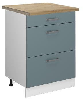 Vicco Küchenunterschrank R-Line, Blau-Grau/Weiß, 60 cm mit Schubladen, AP Eiche