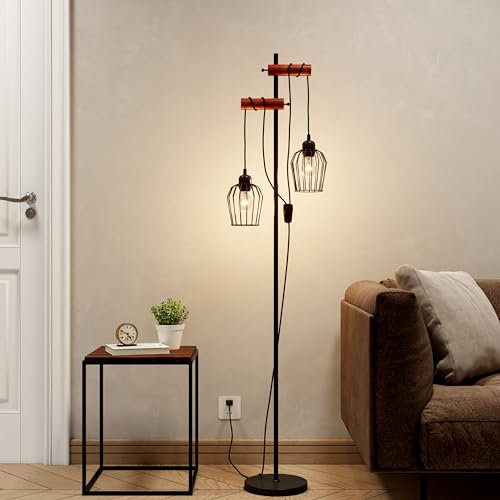 EMKE Stehlampe Schwarz Holz Stehleuchte Wohnzimmer, E27 Standleuchte LED Retro Leselampe Stehlampe Schlafzimmer Floor Lamp Outdoor Stehlampen Bogenlampe