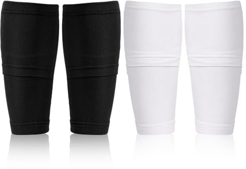 2 Paar Fußball Schienbeinschoner Socken, Atmungsaktiv Fußball Schienbeinschonerhalter Schutz Weich Wadenmanschette mit Taschen für Kinder Erwachsene Anfänger Laufen (Schwarz + Weiß)