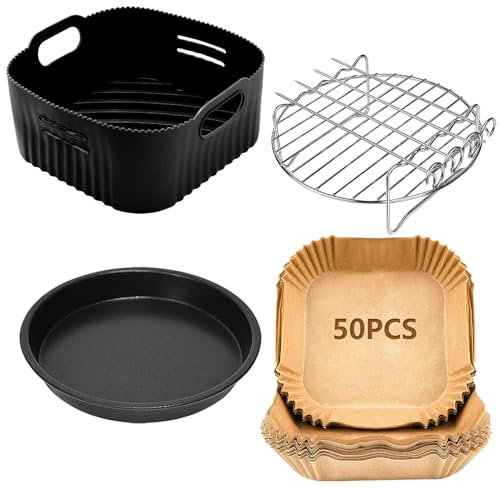 21CM Accessoires Air Fryer Compatible pour Philips XL 6,2L, COSORI 5,5L 4,7L, Cecotec 5,5L 6L, 4PCS Réutilisable Moule Silicone Air Fryer, Plateau à pizza, Grille, Papier Cuisson Air Fryer