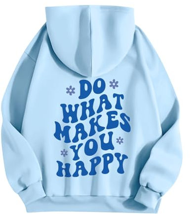 Singular-Point Women'S Graphic Hoodie Cute Pullover Long Sleeved Shirt Positive Sweatshirts For Women Pink Crewneck Pink Preppy Sweatshirt Kids Sweatshirts For Teen, Sky Blue, L