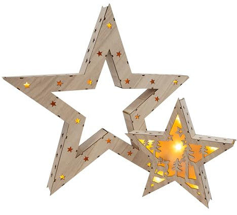 The Christmas Workshop 73579 2PCS Wooden Light Up Stars / 16 Warm White LED Lights/Battery Powered and Timer Function