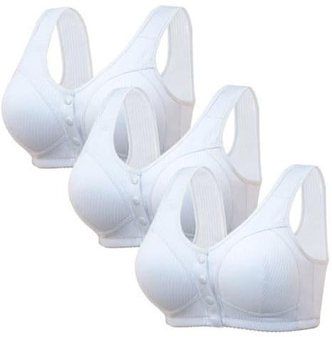 Sllowwa 3 Pack Front Button Bra Gifts for Women Plus Size Non Wired Closure Bras Comfortable Soft Lace Ladies Breathable Full Coverage Womens Fastening (White, 40)