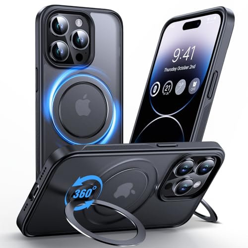 Anqrp 360° ALL-in-ONE Stand Case for iPhone 14 Pro Case with Rotatable Magnetic KickStand Ring Holder, Compatible with MagSafe, Shockproof Translucent Matte Phone Cover for iPhone 14 Pro, Black