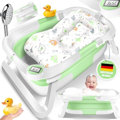 KIDIZ® Bañera para bebé, ahorra espacio y plegable, para recién nacidos, niños pequeños de 0 a 24 meses, ducha de viaje portátil para bebés, con termostato y cojín