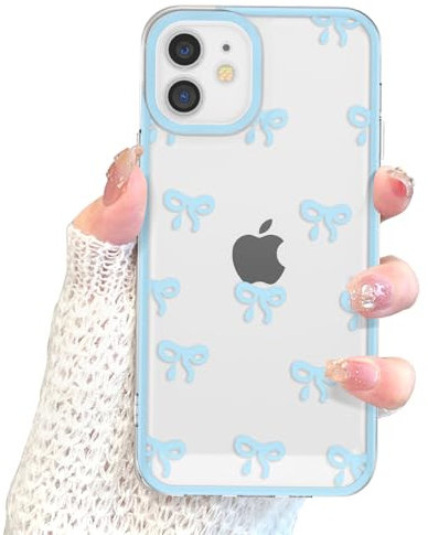 EYZUTAK Case for iPhone 12, Clear Cute Ribbon Bowknot Pattern Aesthetic Transparent Phone Case Raised Camera Protection Stylish Slim Soft Durable TPU Protective Cover for Women Girls - Blue