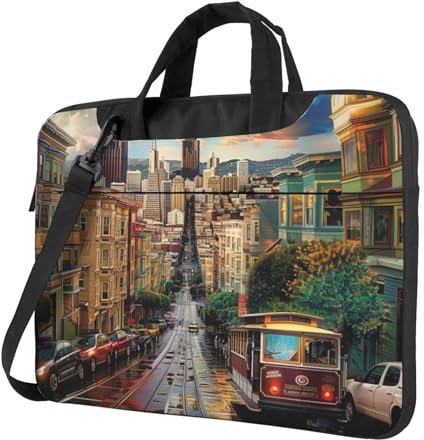 San Francisco bedruckte Laptoptasche für Laptops - ultradünne stoßfeste Laptop-Umhängetasche mit Schultergurt und Griff, Schwarz , 13 inch