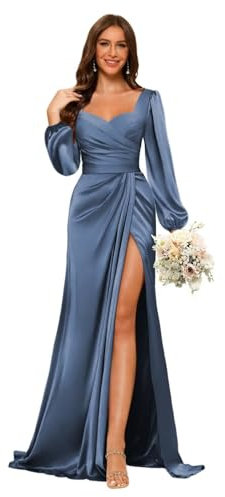 kopptioo Women's Satin Long Sleeves Bridesmaid Dresses with Slit Plus Size Ruched Dusty Blue Floor Length Wedding Guest Dresses UK30