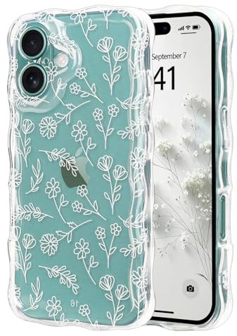 Micoden Cute Curly Wave Case for iPhone 16,Clear with Anti-Yellowing Flower Floral,Soft TPU Slim Bumper Shockproof Anti-Scratch Protective Wavy Cover for Girls Women-White