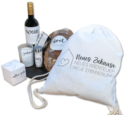 younikat Geschenkidee Set zum Einzug Baumwollbeutel & 6 Aufkleber - dv1538 | Einweihungsgeschenk-Idee, Geschenk zum Umzug, Etiketten für Brot Salz Wein etc. Einzugsgeschenk