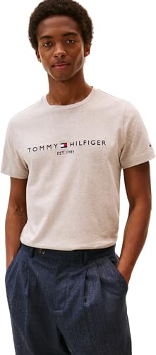Tommy Hilfiger Herren T-Shirt Kurzarm Slim Fit, Beige (Heathered Pebble), S