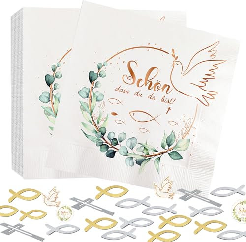 YKHSUAOU 40 Stück Servietten Taufe Junge Mädchen, Servietten Schön Dass Du Da Bist, Servietten Kommunion, Servietten Eukalyptus, Servietten Konfirmation für Taufe, Kommunion, Konfirmation 33 x 33cm