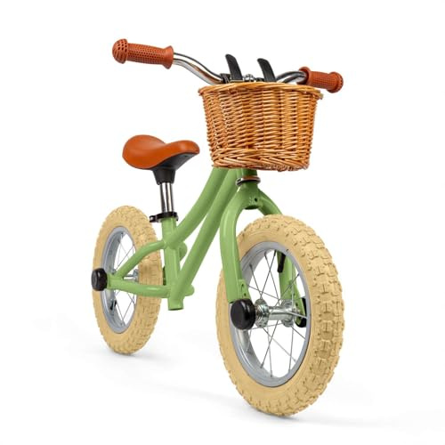 Bigjigs Toys Green Balance Bike With Basket - Pedal Free Toddler Bikes