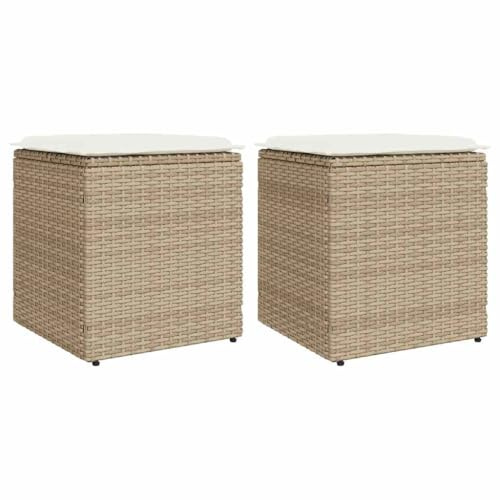 Gecheer 2 STK. Gartenhocker mit Kissen, Gartenstuhl, Hocker mit Stauraum, Sitzhocker, Terrassenhocker, Beige 40x40x43 cm Poly Rattan