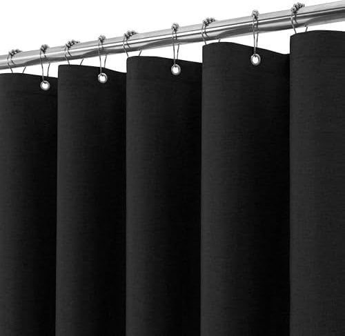 VANZAVANZU Shower Curtain for Bathroom with Metal Hooks Linen Fabric Shower Curtain Heavy Duty Bath Curtain for Wet Room Bathtub Shower Stall, Weighted Hem, Waterproof - 275 x 182cm (Black)