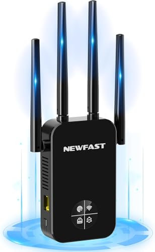 NEWFAST WLAN Amplifier,1200 Mbit/s Dual Band WiFi Repeater with WPS,4x Swivelling Antennes,WiFi Booster of Multiple Function,WiFi Extender Compatible with All WLAN Devices,Internet Repeater,Easy Setup