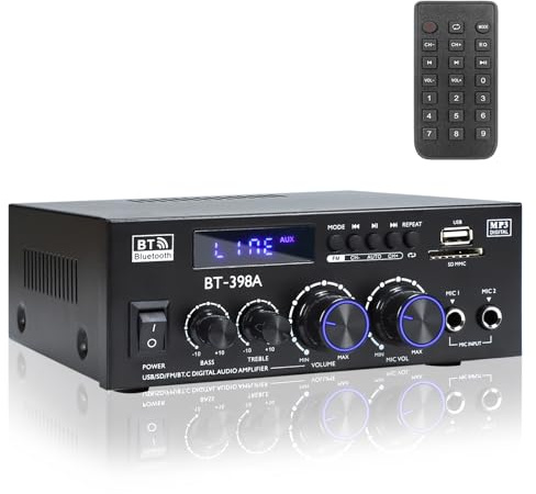 Joengoep BT-398A Amplificador de audio estéreo, receptor para altavoces máximo 900W, receptor estéreo de 2.0 canales con radio FM, entradas ópticas y coaxiales USB/SD/AUX, amplificador de audio