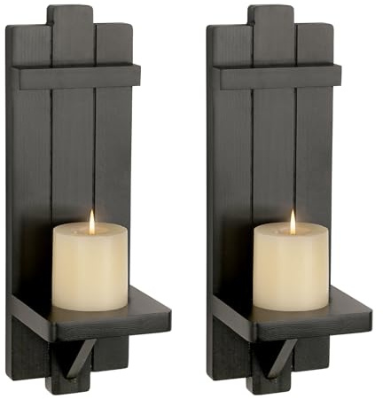 BSTKEY Wall Mounted Wooden Candle Sconces with Countersunk Hole, Black 2pcs | Decorative Candle Holder Wall Hanging Pillar Candle Stand Farmhouse Candlestick Sconce for Living Room, Corridor, Doorway