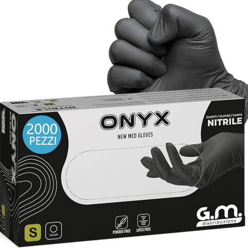 G.M. DISTRIBUZIONE GM 2000 Guanti Nitrile Neri S senza polvere, senza lattice, ipoallergenici, Guanti Monouso Nitrile per Tatuatori, Estetisti, Manipolazione degli Alimenti