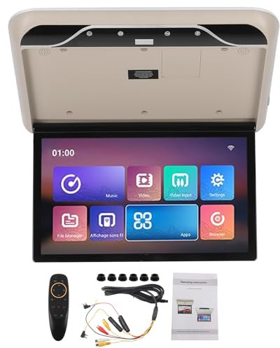 Xtevu Flip Down Monitor, Schermo a soffitto 19 pollici TV Car compatibile con Android 10.0, pannello di display sopraelevato, Player video sul supporto per tetti (Beige)