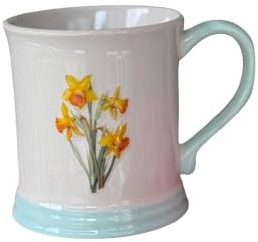 Lescale Furnishings Stoneware Embossed Mug – 400ml Country Floral Design – Handmade Ceramic Mug – Duck Egg Blue Base – Microwave & Dishwasher Safe (Daffodil)