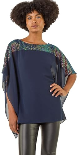 Roman Originals Sequin Chiffon Top for Women Ladies Embellished Blouse Sparkly Glitter Overlay Shiny Special Occasion Winter New Year NYE Party Christmas Night Out - Navy - Size 20