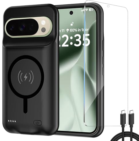 Battery Case for Google Pixel 9/Pixel 9 Pro, Enhanced 10000mAh Portable Rechargeable Battery - Extended Charger Case with Built-in Wireless Charging - Power Bank Black