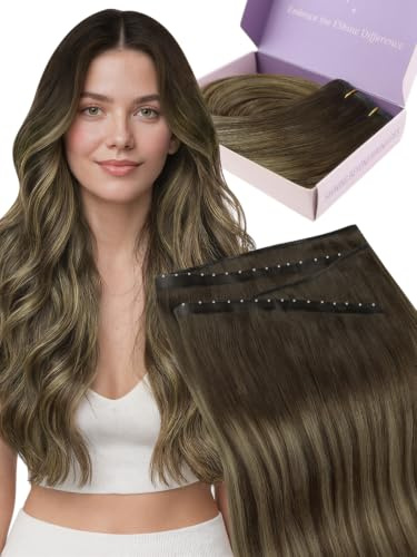 Fshine Tressen Echthaar 50cm 100g Butterfly Weft Hair Extensions | Butterfly Extensions Echthaar, Mittelbraun und Hellblond, PU Hybridbasis, doppelseitiges Design, verdeckte Microringe