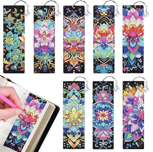 XIAOGUA 8 Stück Diamond Painting Lesezeichen Lotusmuster Lesezeichen Basteln Inklusive Anhänger Diamond Painting Kinder DIY für Schulabschluss Schulanfang Geburtstage Weihnachten Kindertag