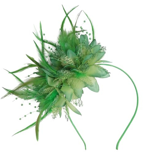 YSDINK Dammode fascinator-pannband med fjäder, nät och blommor, damhuvudbonad sminktillbehör för bröllop, fester, trädgårdste, födelsedagsfest, vardagskläder (grön)