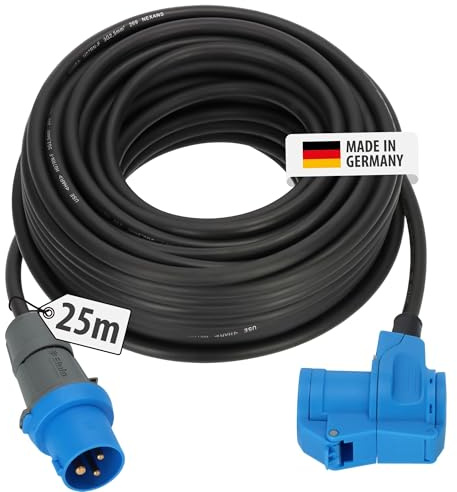 Brennenstuhl Camping Verlängerungskabel, CEE-Stecker und Winkelkupplung 25m | Inkl. Schutzkontakt-Kombisteckdose, Kabel in schwarz, 230V/16A, Einsatz im Außenbereich, Made in Germany