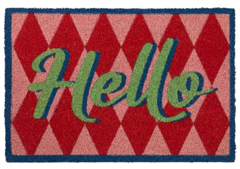 OHS Washable Door Mat Hello Print, Outdoor Indoor Door Mat Non-Slippery Stylish Dirt Trapper Doormats Inside Heavy Duty Welcome Mat Front Doors Entrance Rug Coir Doormat, Pink/Red - 40 x 60cm
