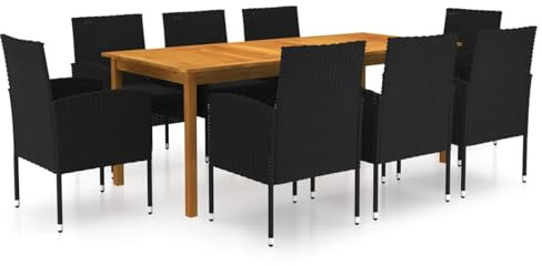 ATOMSTACK MAKER HOMELEN 9-teilige Garten-Essgruppe aus Akazienholz & PE-Rattan, wetterfeste gepolsterte Stühle in Schwarz, 200x90x74cm Tisch + 8x52x56x88cm Stühle, für Terrasse, Balkon & Garten