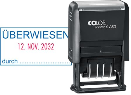 COLOP ÜBERWIESEN Stempel mit Datum – selbstfärbend – zweifarbiger Abdruck (Datum rot/Text blau) – Printer S 260 – Buchhaltung Büro ca. 45 x 24 mm