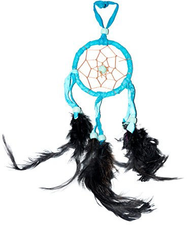 Traumfänger Dreamcatcher Traum Fänger Kinder Schlafzimmer Deko Blau Ca. 30cm x 6cm Türkis Schwarze Federn Leder M3