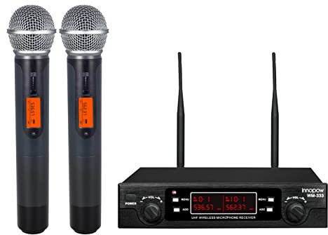 innopow Système de Microphones sans Fil à 200 canaux, Double Micro sans Fil en métal UHF, Balayage Automatique, Longue portée de 60 à 76 m, 16 Heures d'utilisation pour Le karaoké, l'église, Version