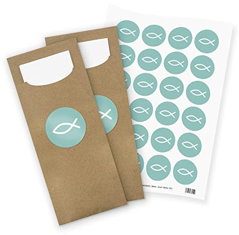 itenga 24x Bestecktaschen inkl. Serviette Motiv Fisch zur Kommunion Konfirmation Taufe Firmung für Jungen und Mädchen (Türkis)
