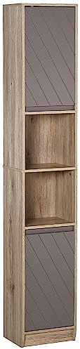 HOMCOM Meuble Colonne Rangement Salle de Bain Style Cosy dim. 30L x 24l x 170H cm 2 Portes étagère 2 niches chêne Clair Gris