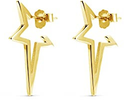 SINGULARU - Pendientes Star Punk. Plata de Ley 925 con Acabado Baño de Oro de 18 Kt. Estrella Cierre Tuerca a Presión. Joyas para Mujer