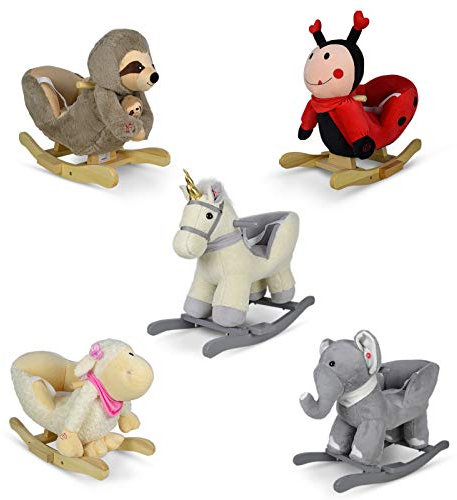 Infantastic® Schaukeltier - Plüsch, ab 1 Jahr, für Baby und Kind, Elefant/Einhorn/Faultier/Marienkäfer/Schaf, mit Gurt, Musik, Griff, Fußstütze - Schaukelstuhl, Schaukelspielzeug, Schaukelpferd