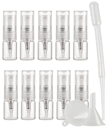 TIANZD Pack of 10 Empty 2ml Clear Transparent Glass Fine Mist Pump Spray Bottles Travel Mini Portable Spray Perfume Cosmetic Containers Sample Vials Refillable with Funnel and Dropper