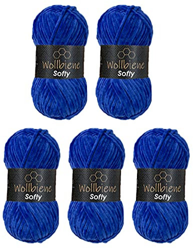 Wollbiene Softy 5 x 100 Gramm chenille wolle zum häkeln Strickwolle, Babywolle, 500 Gramm Chenille Wolle Super Bulky crochet yarn (blau 03)