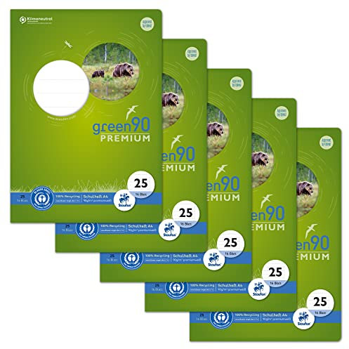 Staufen Green Heft - DIN A4, Lineatur 25 (liniert mit Rand), 16 Blatt, premiumweißes 90g/m² Recyclingpapier, runde Ecken verhindern „Eselsohren“, 4 verschiedene Motive (keine Auswahl möglich), 5 Stück